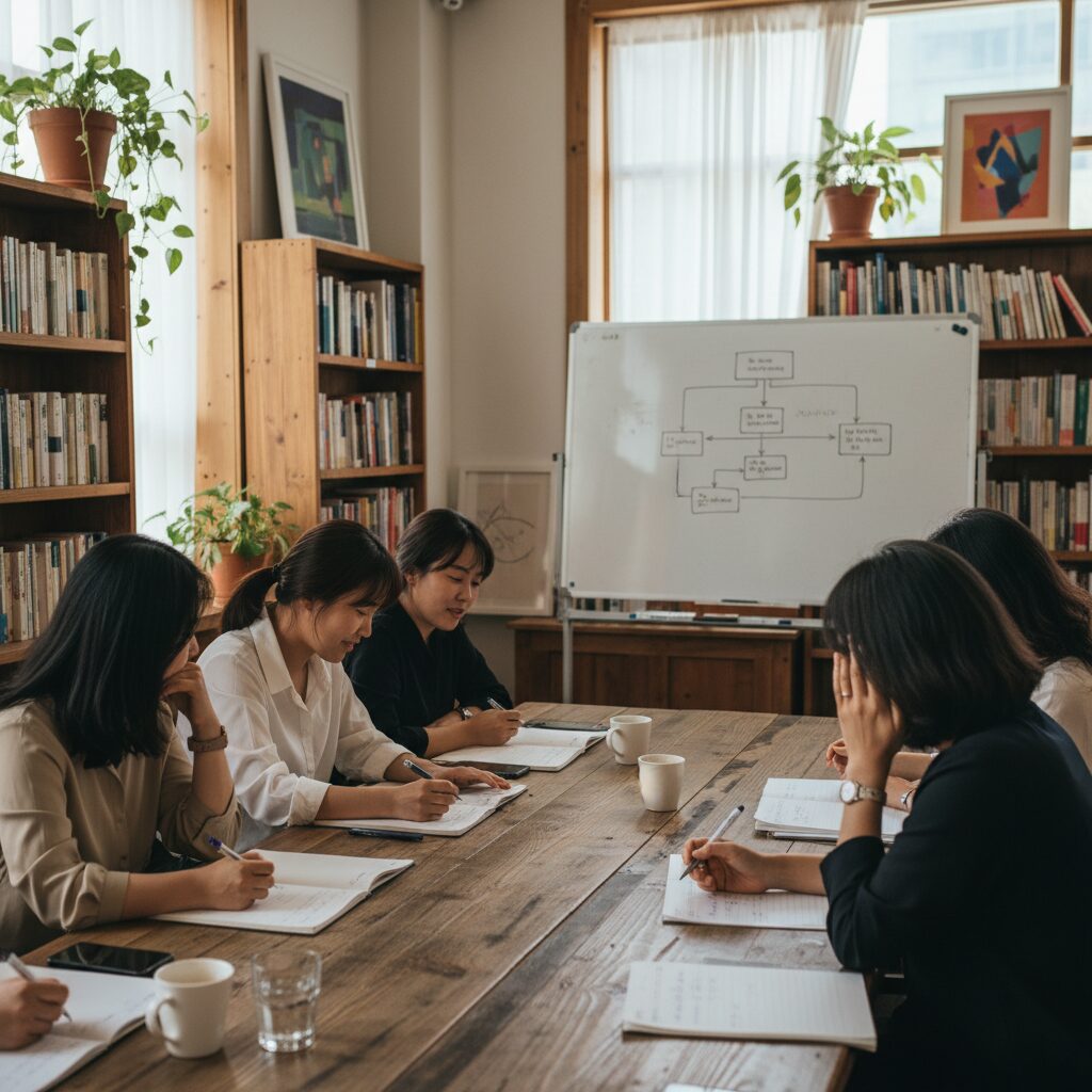 선샤이닝 서점에서 진행된 사업일기 회고 워크숍 참가자들이 워크시트를 작성하며 이야기하는 장면