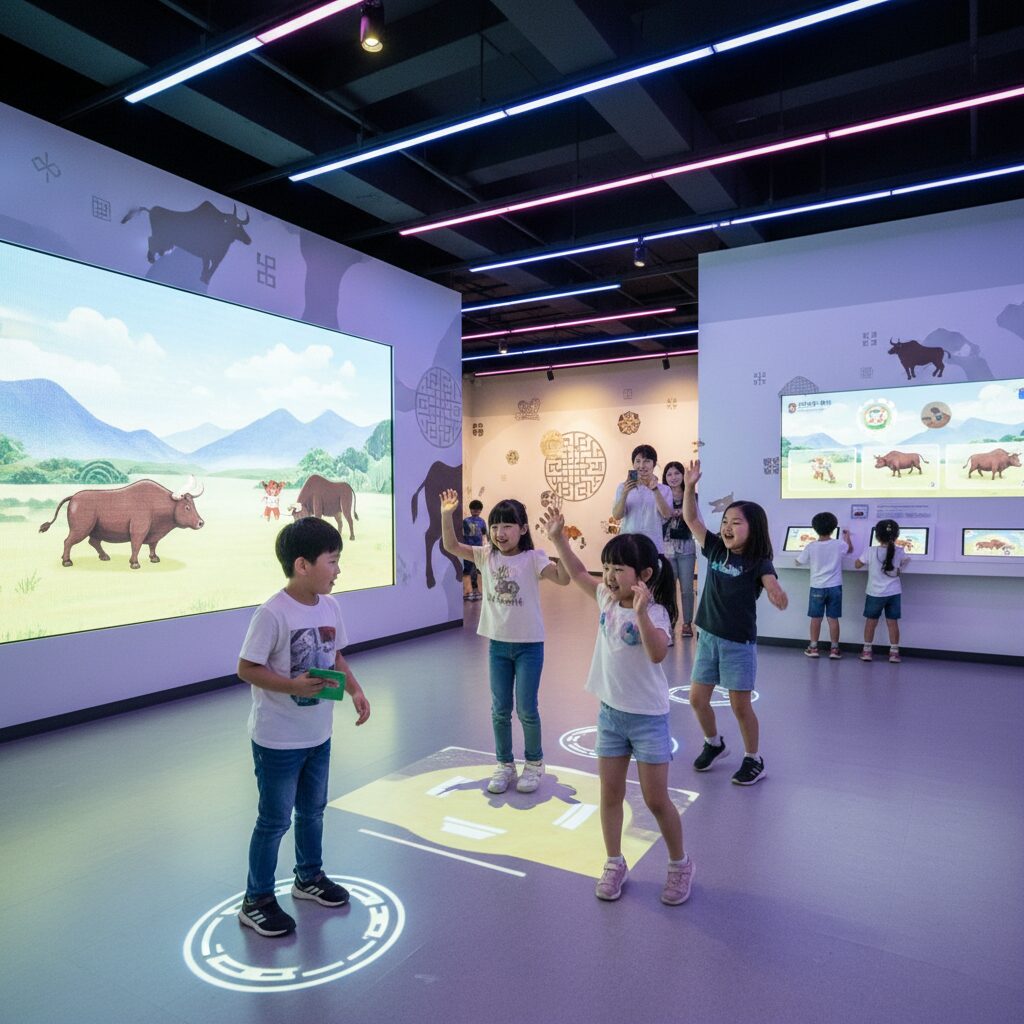 청도 소싸움테마파크 2층 인터랙티브 체험 시설에서 아이들이 즐기는 모습