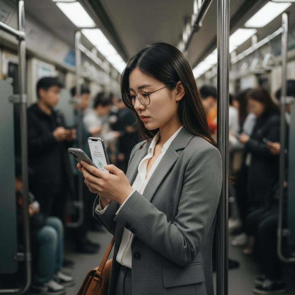 하루 10분 영어 회화 앱으로 아침 출근길에 학습하는 모습