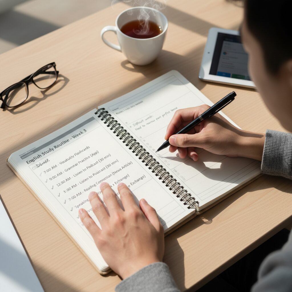 플래너에 영어 학습 루틴을 체크하며 기록하는 모습