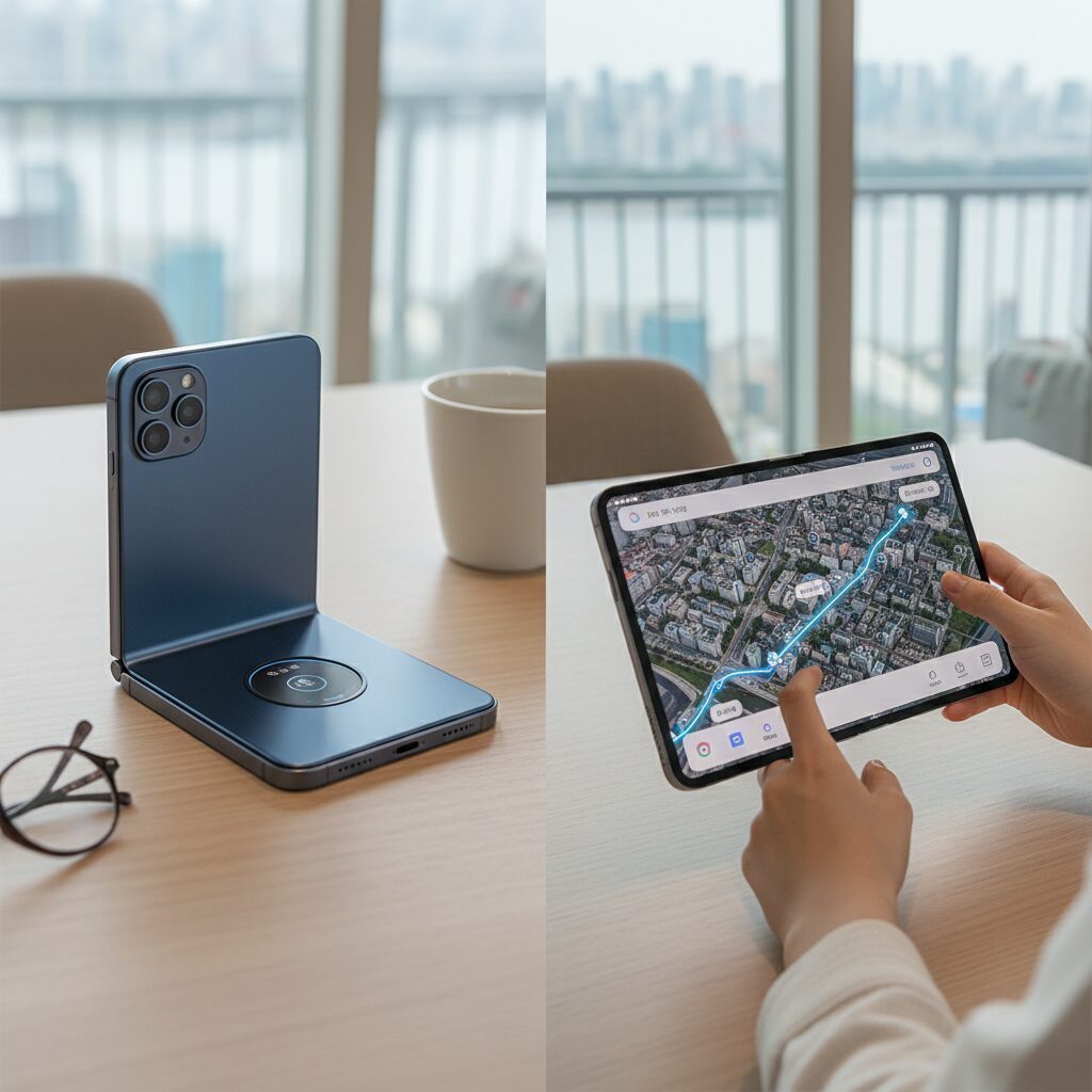 미래에 출시될 폴더블 아이폰 디자인 컨셉 이미지 접힌 상태와 펼친 상태