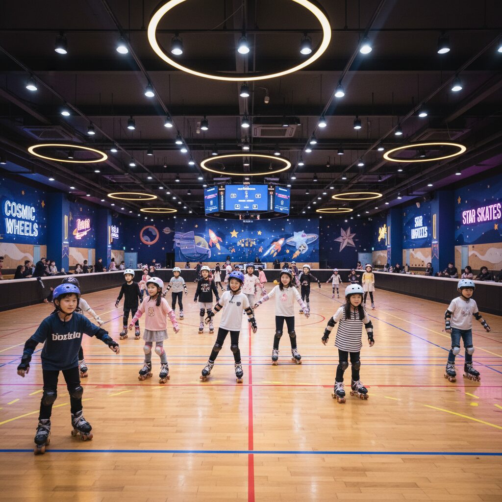 남양주 고고랜드 넓은 실내 롤러스케이트장에서 아이들이 신나게 타는 모습