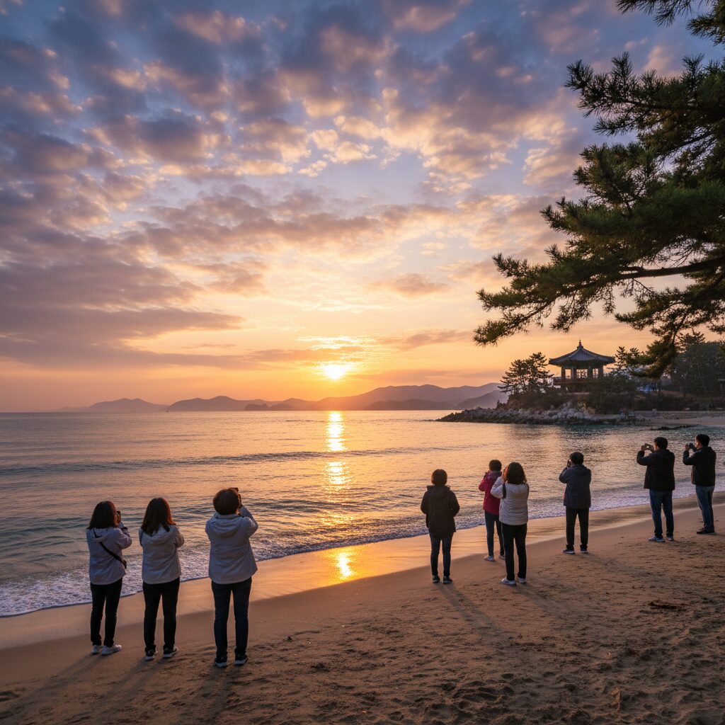 강릉 경포대 해변에서 바라본 아침 해돋이 풍경