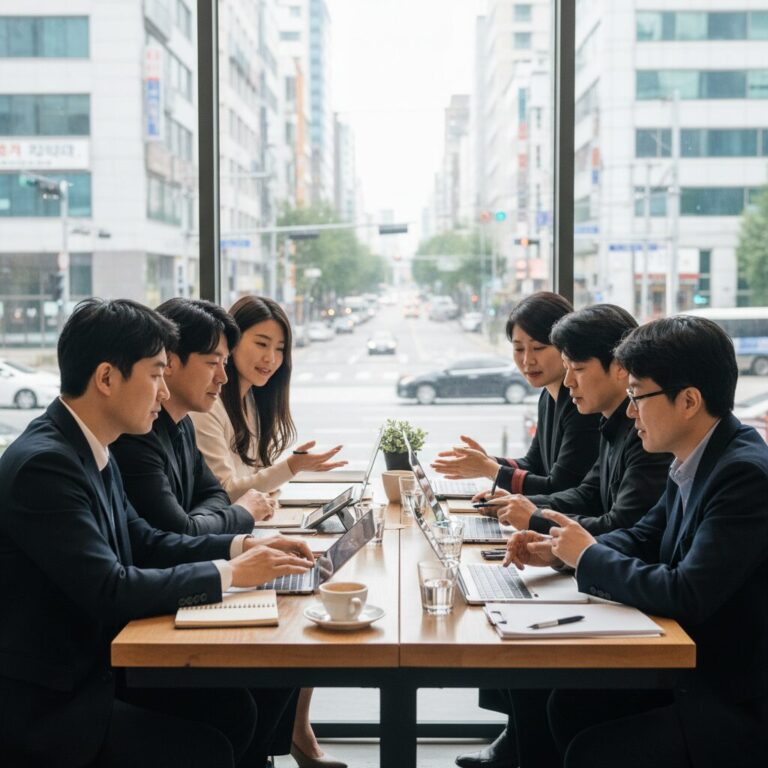 적립식 투자 회고 모임에서 참가자들이 포트폴리오를 점검하며 대화하는 모습