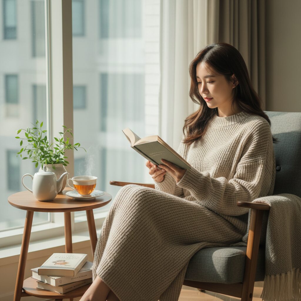 아침에 핸드폰 대신 책과 차를 즐기는 여성