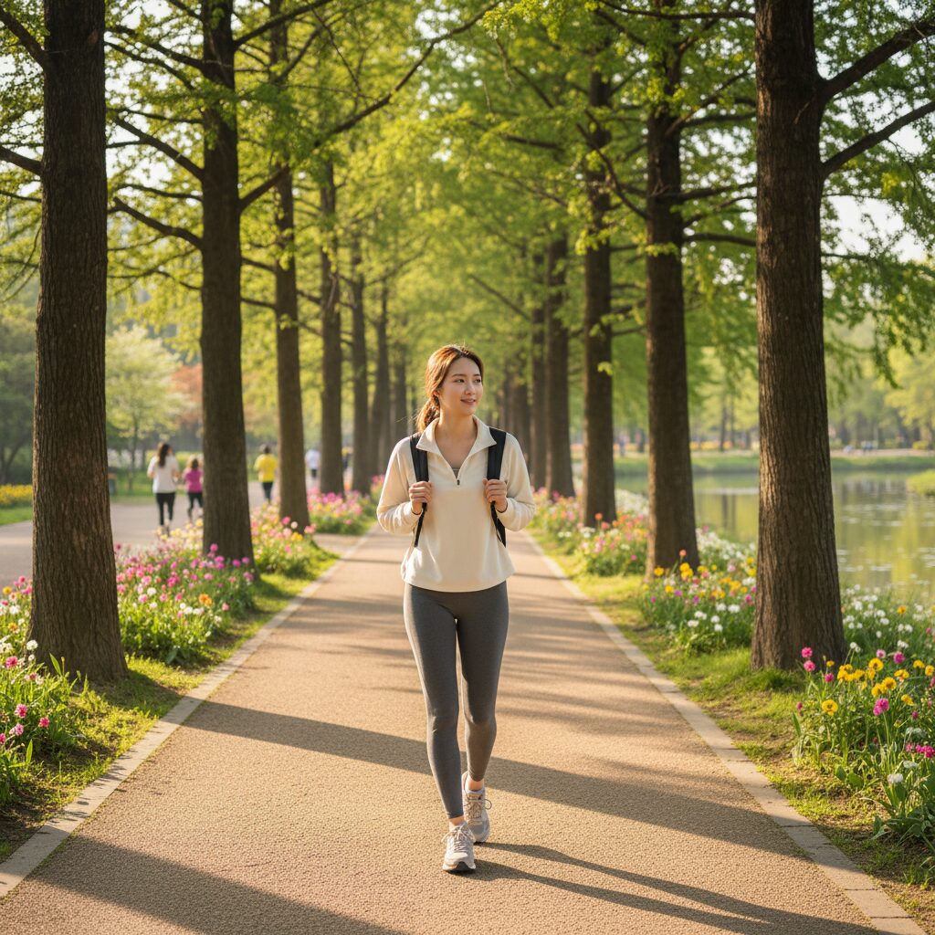 아침 공원에서 산책하며 햇빛을 받고 있는 젊은 여성