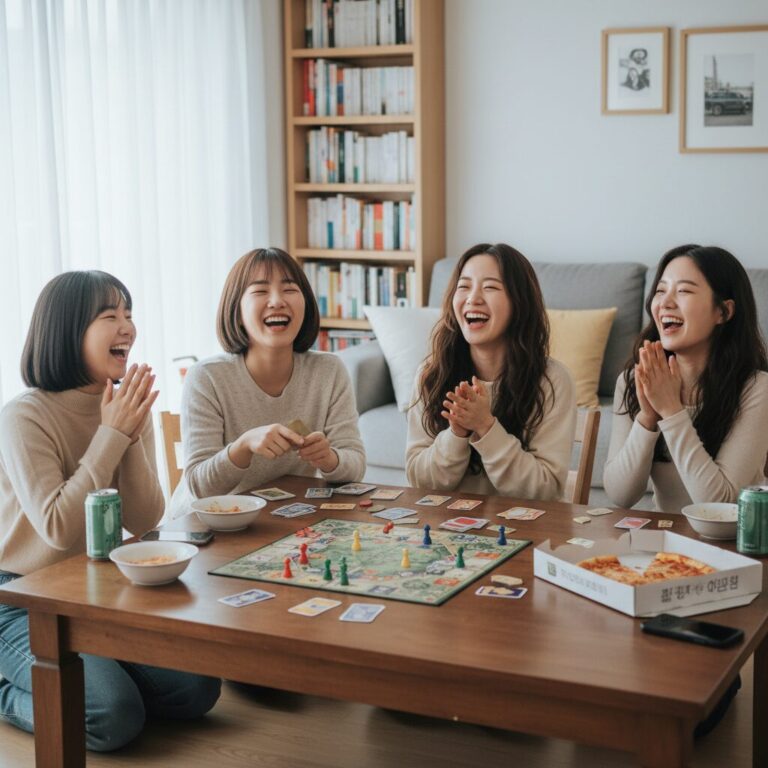 친구들과 함께 보드게임을 하며 웃고 있는 젊은 여성들