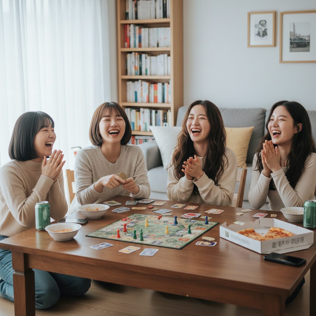 친구들과 함께 보드게임을 하며 웃고 있는 젊은 여성들