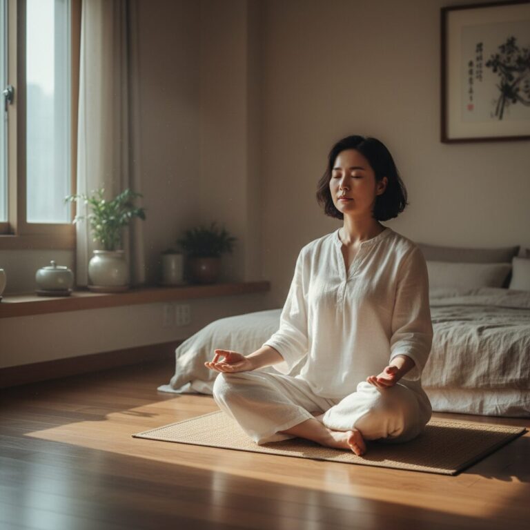 조용한 침실에서 명상하며 호흡에 집중하는 여성