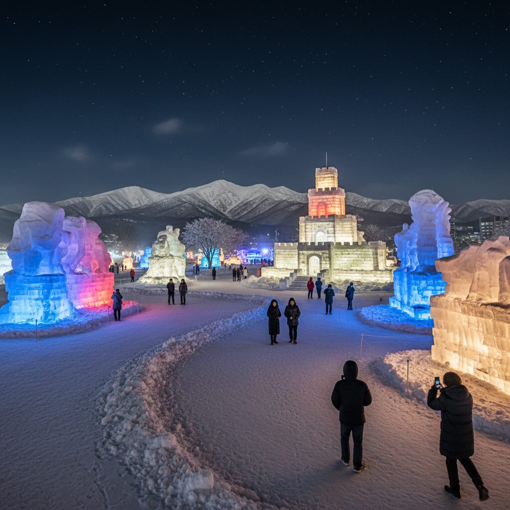 2026 태백산 눈축제 야간 조명이 비친 눈 조각품과 설경