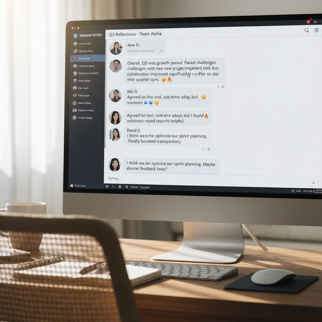 메모어 온라인 회고 모임에서 슬랙 채팅방에 회고 글과 댓글이 활발히 오가는 화면