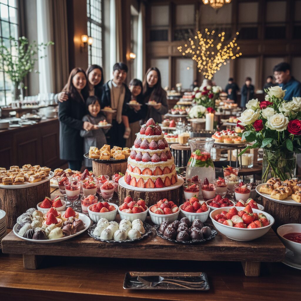 겨울 딸기 뷔페에 제공되는 다양한 딸기 디저트 플래터