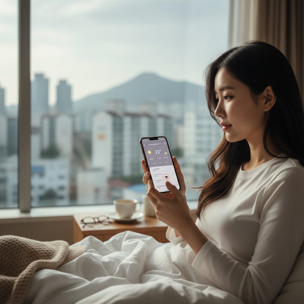 아침에 스마트폰으로 AI 비서가 날씨와 일정을 알려주는 모습