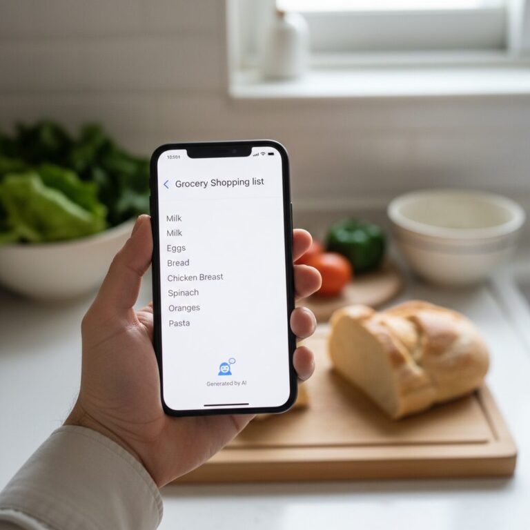 스마트폰 화면에 AI 비서가 생성한 장보기 목록이 표시된 모습