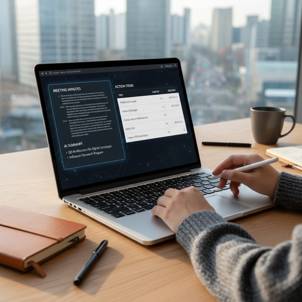 노트북 화면에서 AI가 회의록을 요약하고 할 일 표를 생성하는 모습