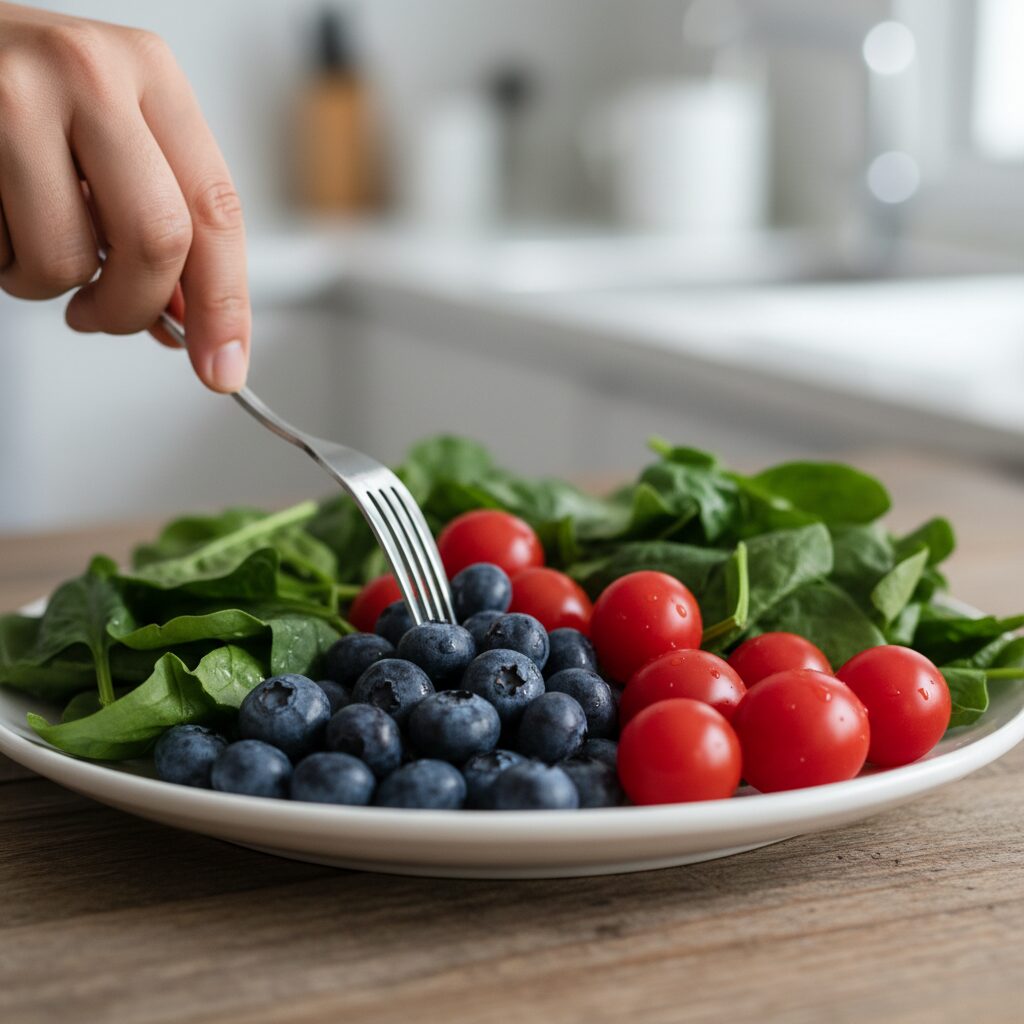 항산화 식품 블루베리 시금치 토마토 접시에 담긴 사진