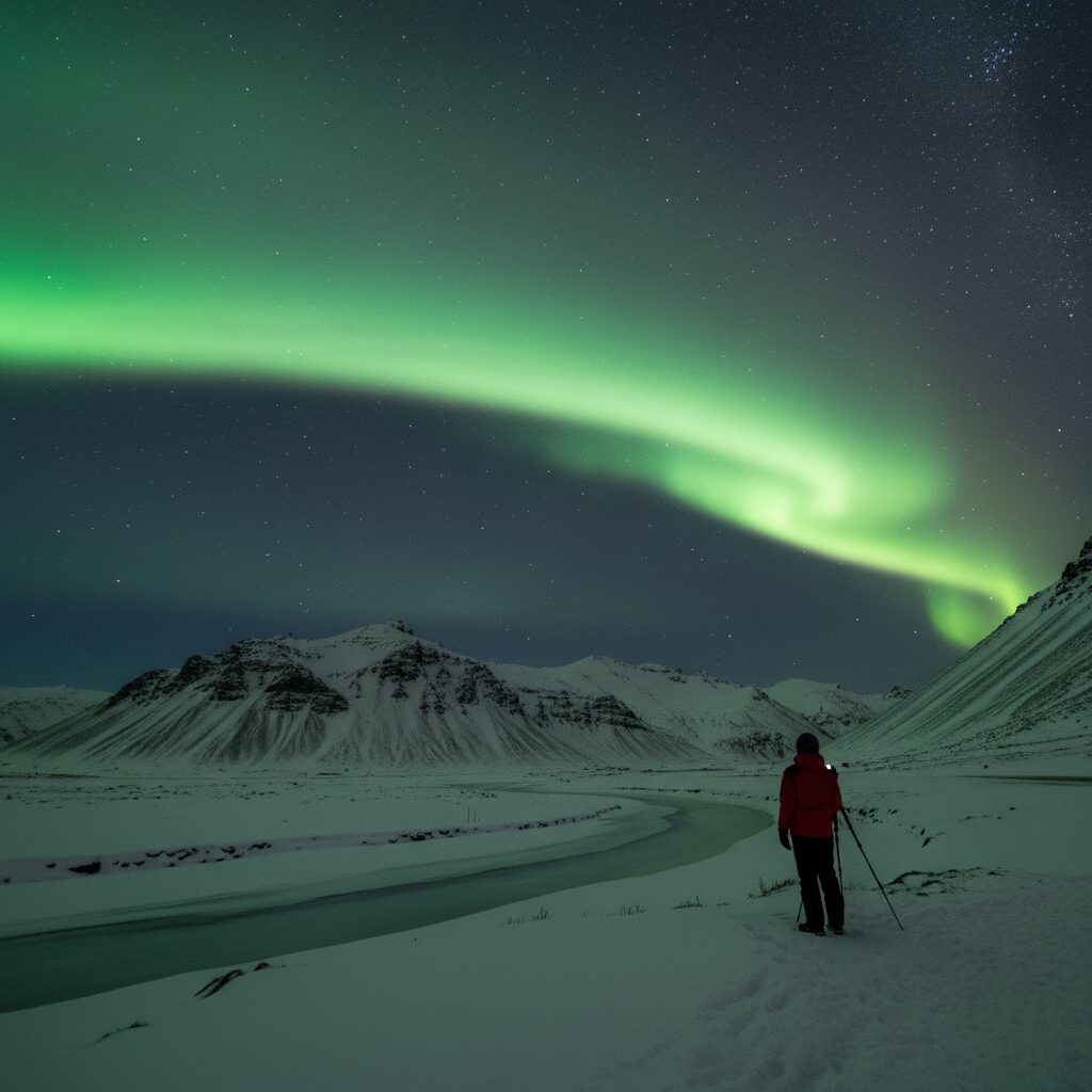 아이슬란드 겨울 밤하늘에 펼쳐진 선명한 초록색 오로라