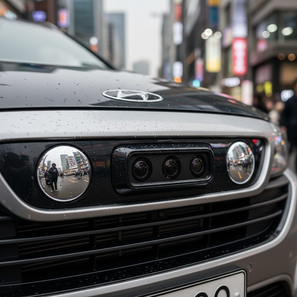 자율주행차 전방에 장착된 카메라와 레이더 센서 클로즈업