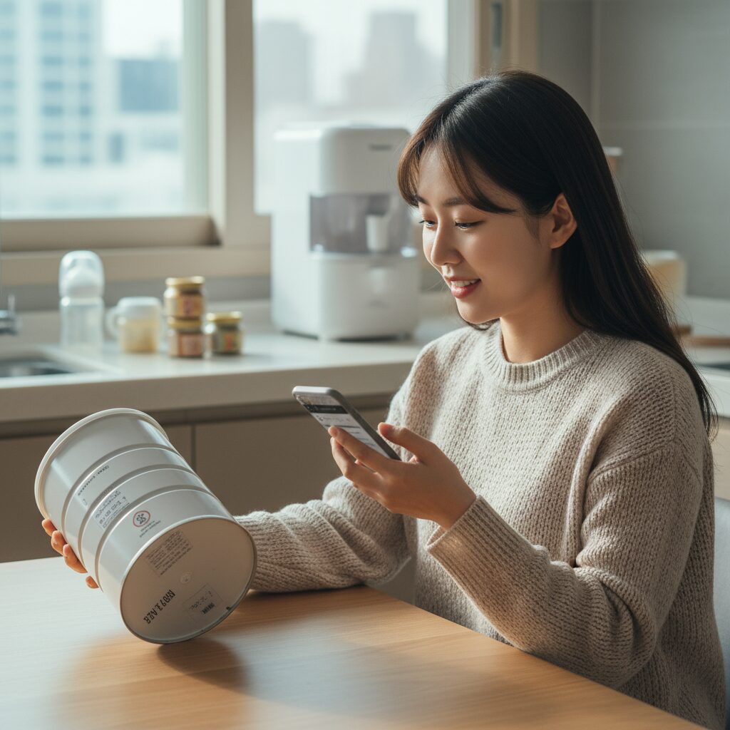 엄마가 스마트폰으로 분유 정보를 검색하며 유통기한을 확인하는 모습