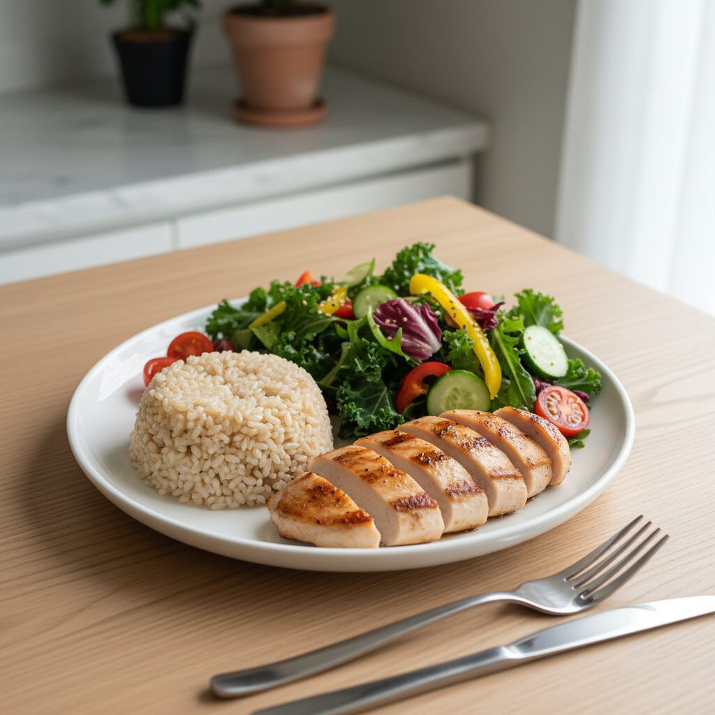 다이어트 식단 접시에 담긴 현미 밥과 닭가슴살 구이 채소 샐러드