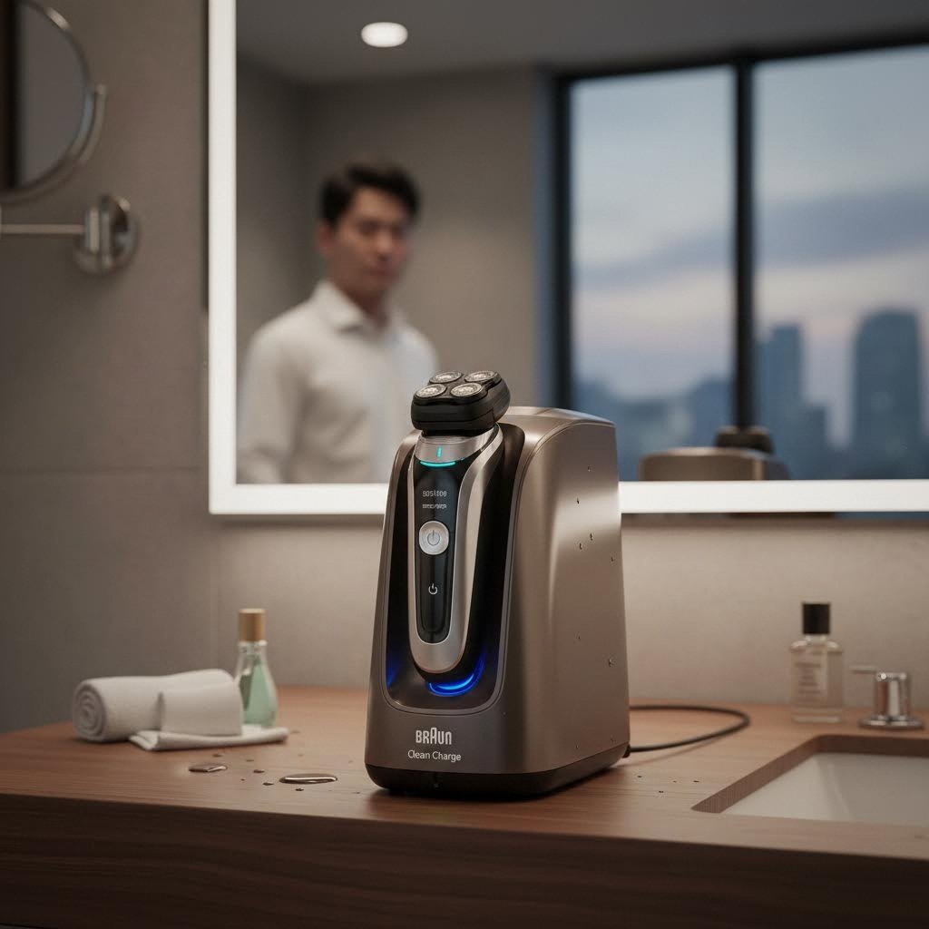 브라운 세척 충전 스테이션에 면도기가 꽂혀 자동 관리되는 모습