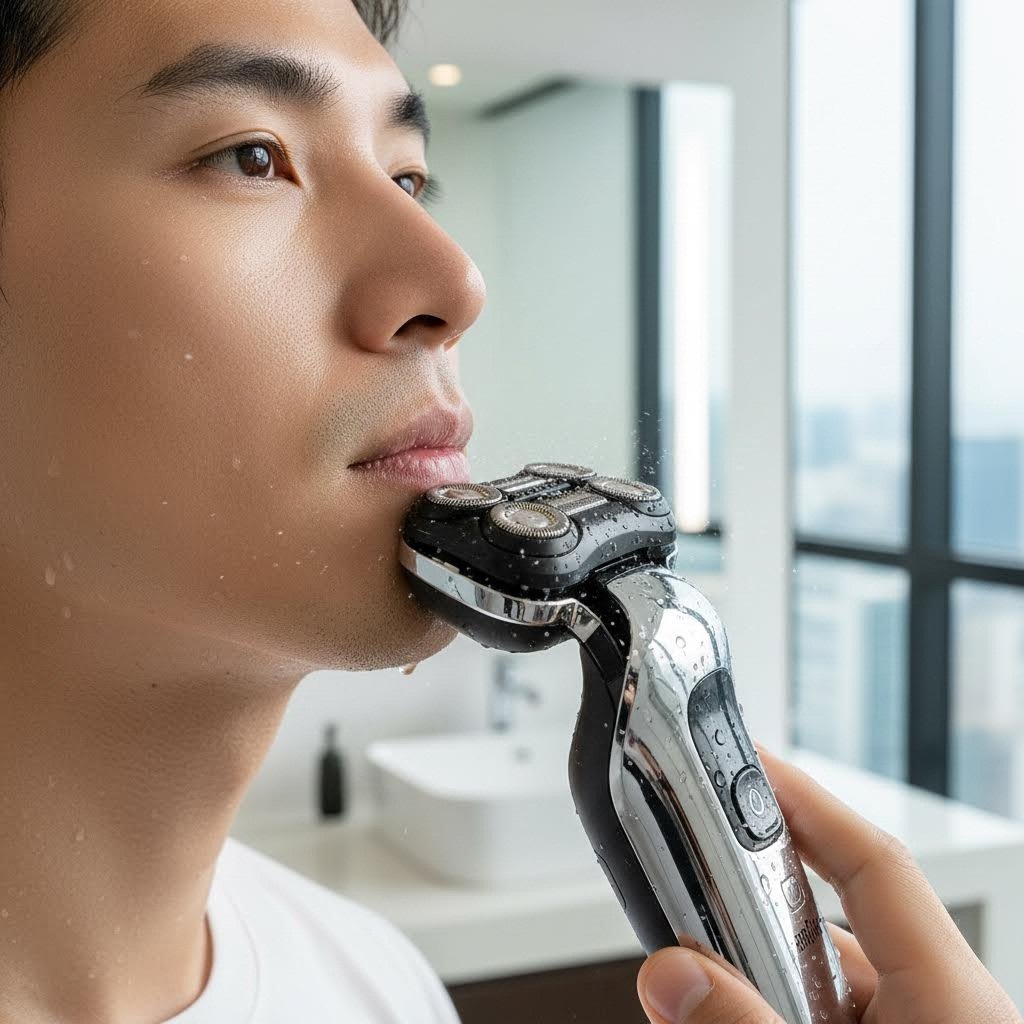 브라운 면도기 스위블 헤드가 턱선에 밀착되어 면도하는 모습
