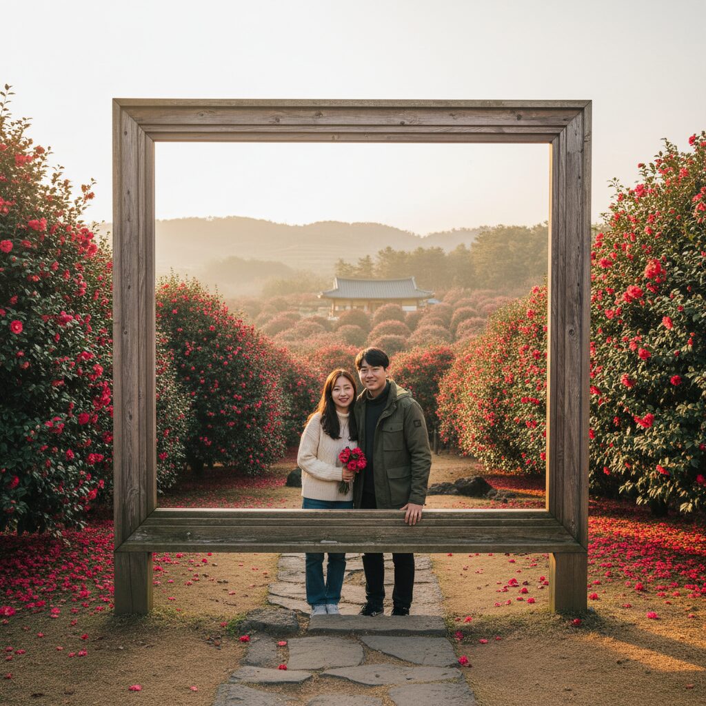 제주 동백포레스트 액자 포토존과 붉은 동백꽃 정원 풍경