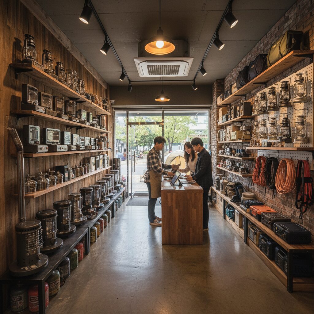 대구 캠핑 용품 대여점 내부, 벽에 다양한 종류의 캠핑 난로와 장비가 진열되어 있음