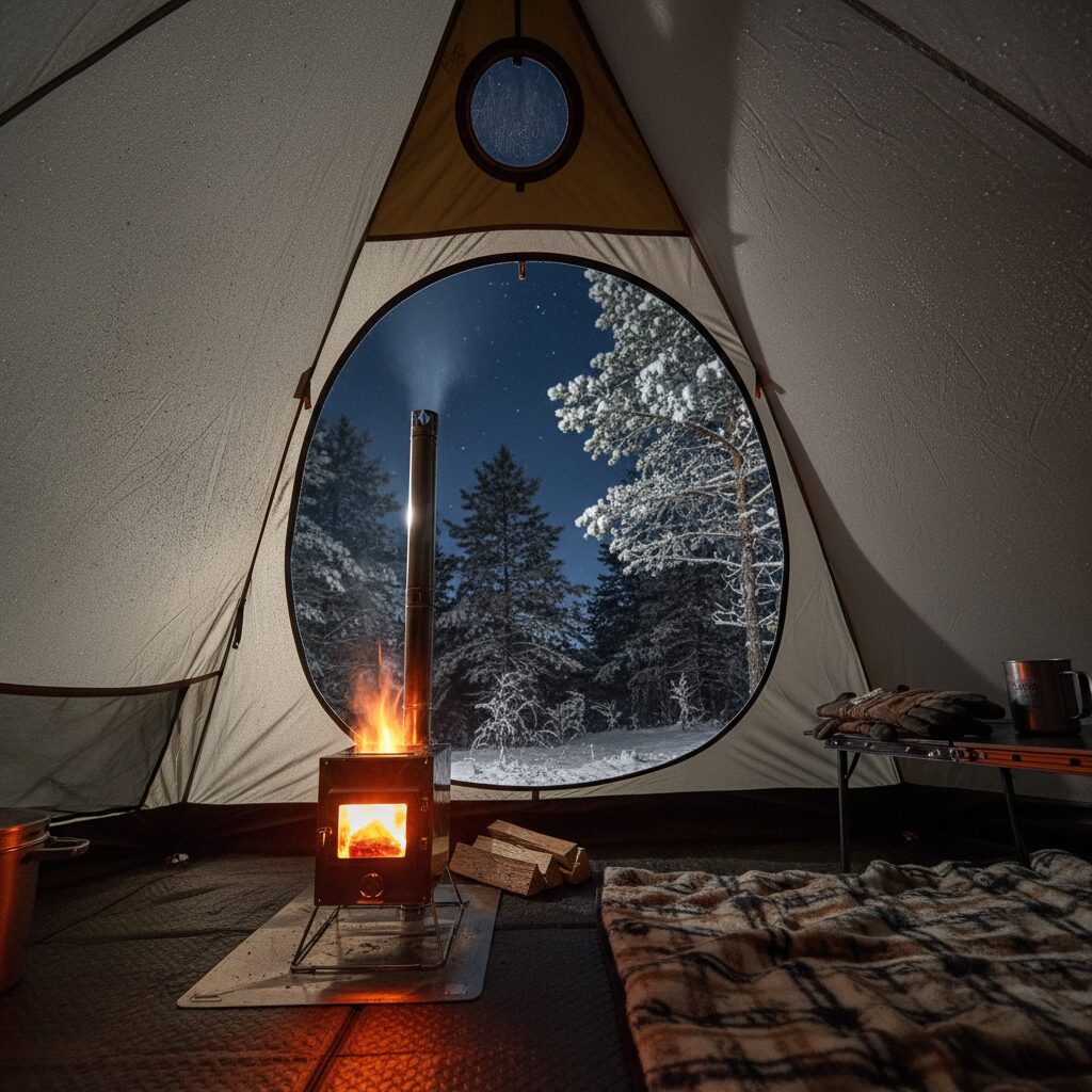 겨울 텐트 안, 난로가 켜져 있고 텐트 상단 환기구가 활짝 열려 있는 모습