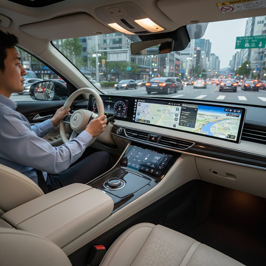 현대식 자동차 내부의 대형 커넥티드 카 인포테인먼트 디스플레이