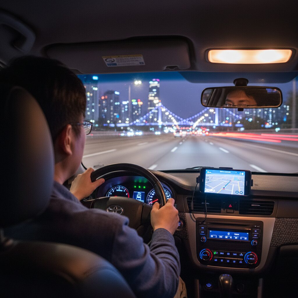 밤중에 고속도로를 달리며 내비게이션으로 길을 확인하는 운전 모습