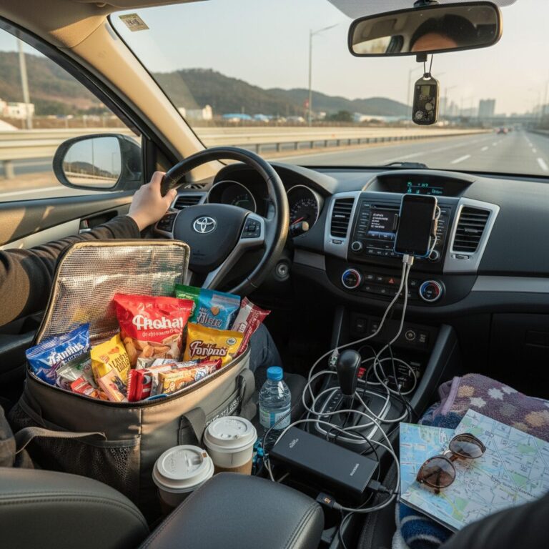 차량 안에서 장시간 운전을 위해 준비한 간식 음료 휴대용 배터리 등 준비물