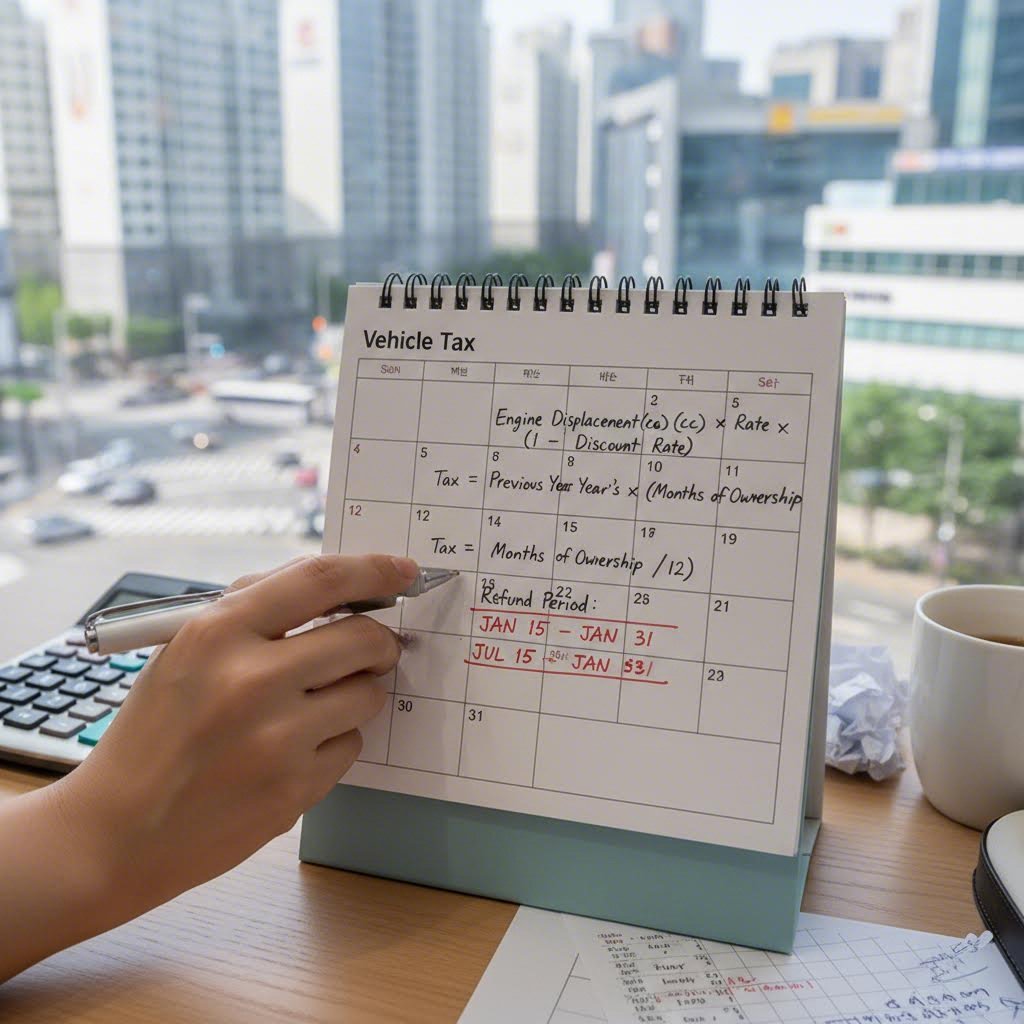 달력 위에 자동차세 계산식과 환급 기간 표시