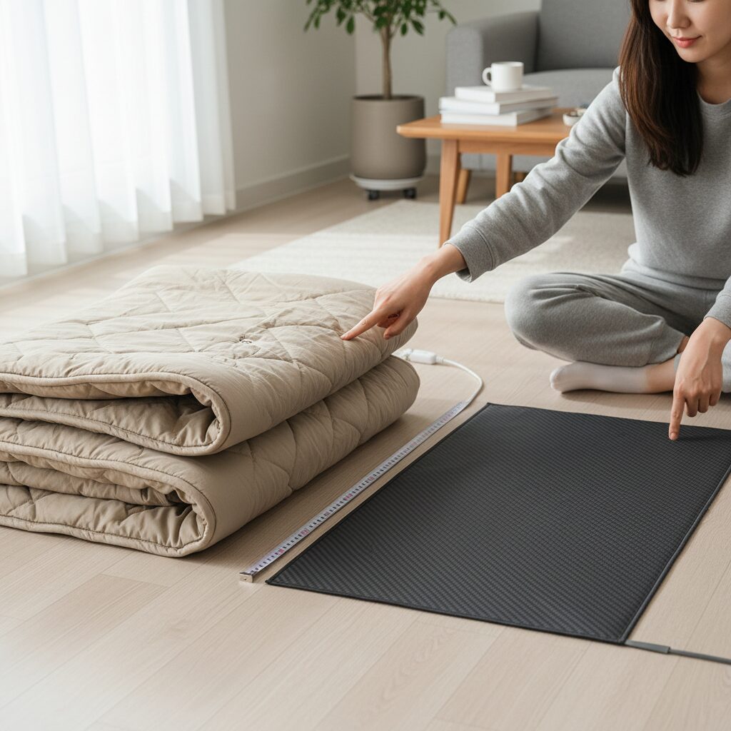 기존 전기매트와 얇은 탄소매트의 두께 비교 사진