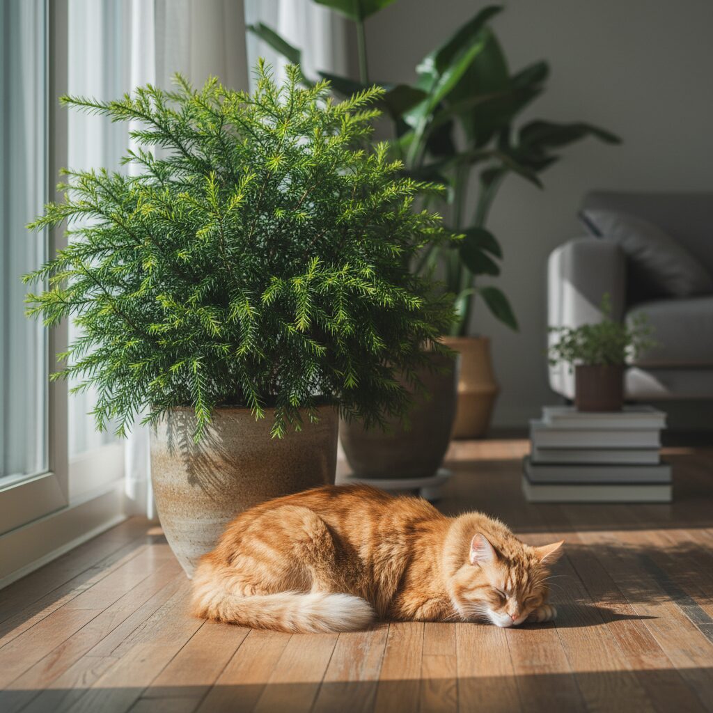고양이 옆에 있는 공기정화 식물 나한송
