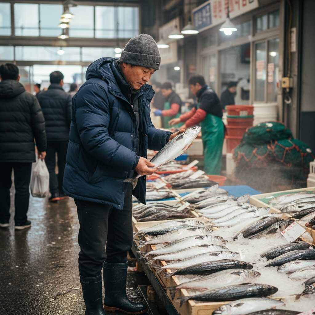 신선한 겨울 생선을 고르는 모습