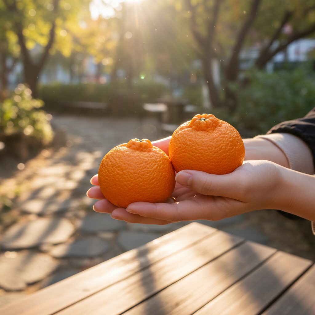 손에 천혜향을 들고 있는 사진, 배경은 햇살 가득