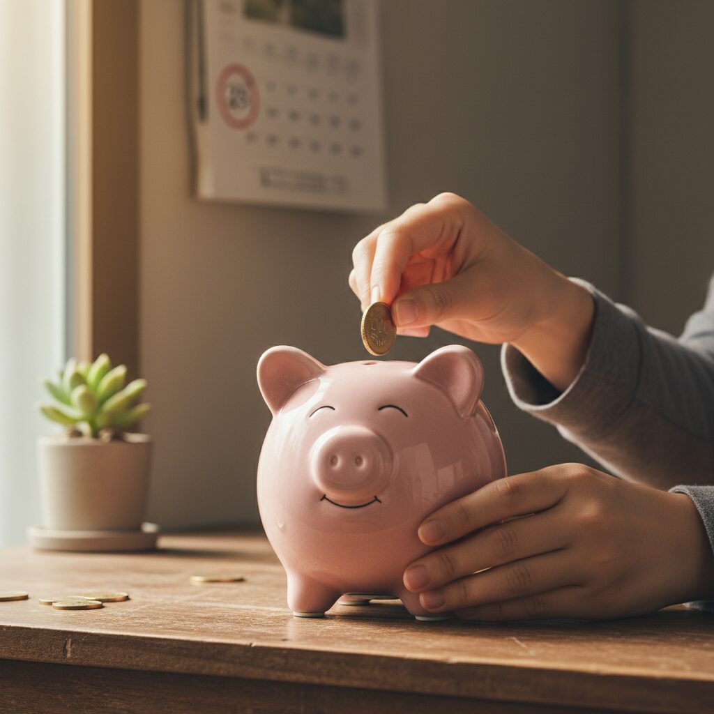 매월 정기적으로 저금통에 동전을 넣는 여자의 손