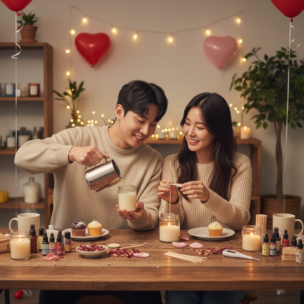 발렌타인 데이에 커플이 함께 캔들을 만들고 있는 모습