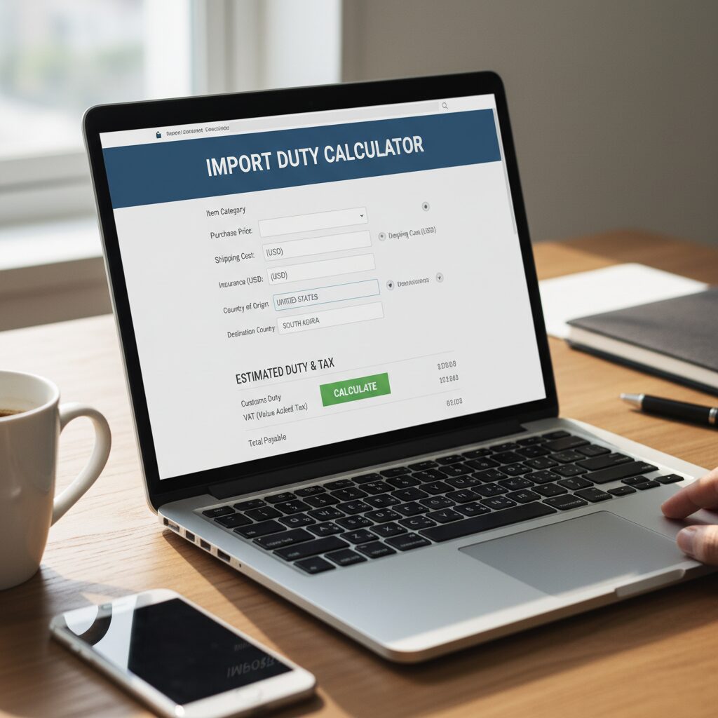 노트북 화면에 해외직구 관세 계산기 사이트가 열려 있는 모습