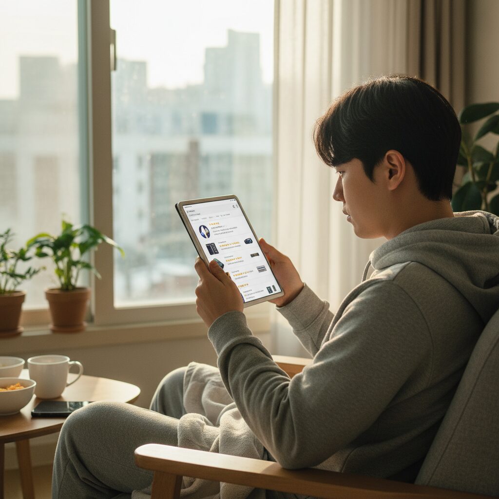 할인 상품의 온라인 리뷰 페이지를 꼼꼼히 읽고 있는 모습