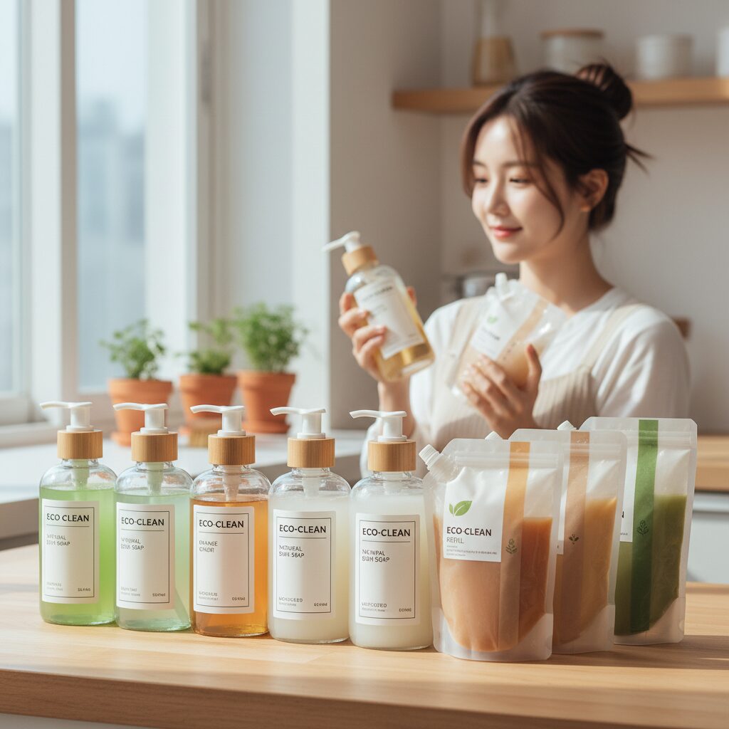 유리병과 리필팩에 담긴 여러 가지 친환경 주방 세제 나란히 비교