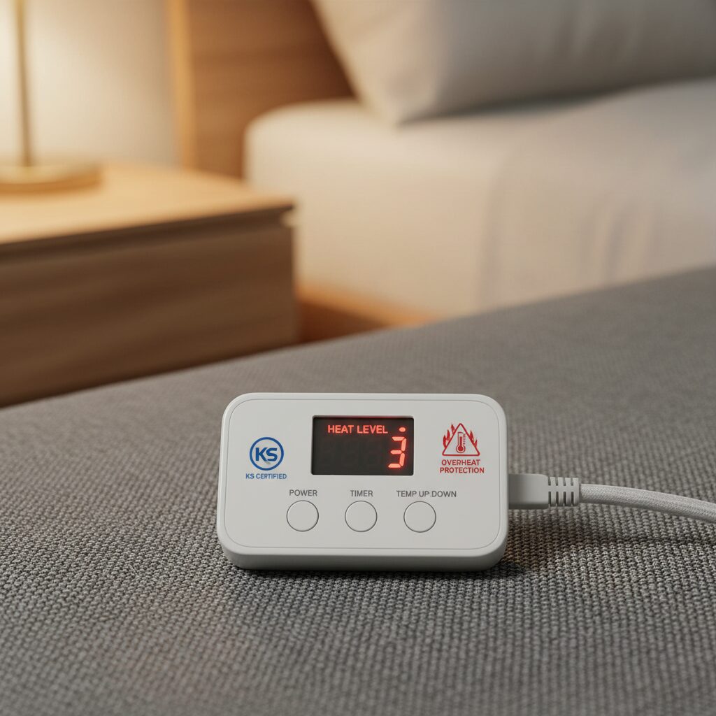 안전한 전기요의 KS 인증 마크와 과열 방지 표시가 있는 컨트롤러