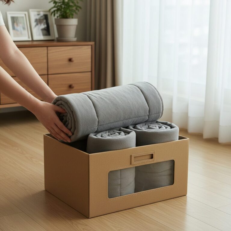 전기요를 둥글게 말아서 상자에 정리하여 보관하는 모습