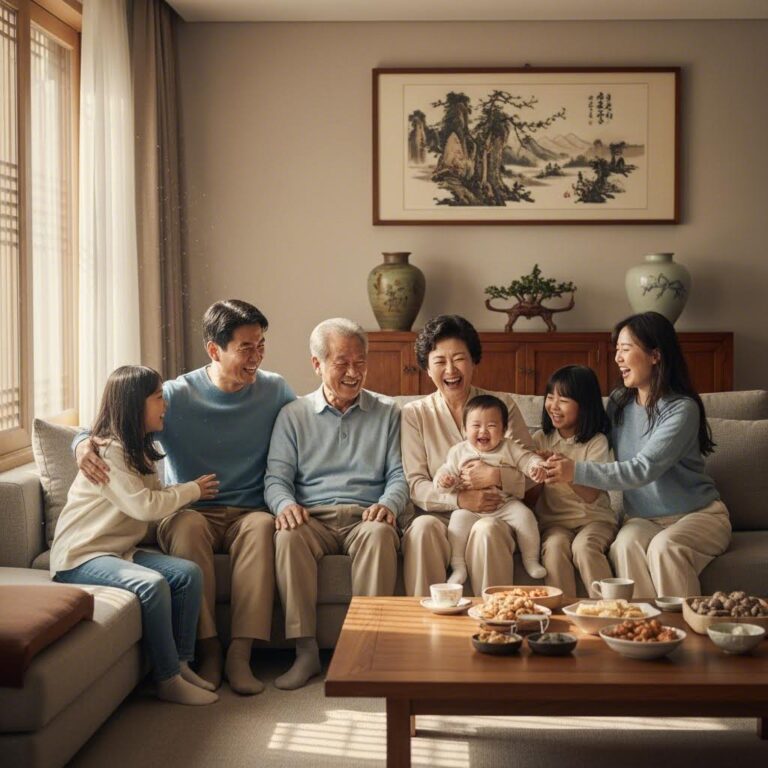 다양한 세대의 가족이 함께 모여 웃고 있는 모습