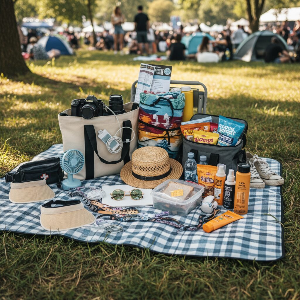 피크페스티벌에 챙겨갈 준비물들을 보기 좋게 배치한 사진