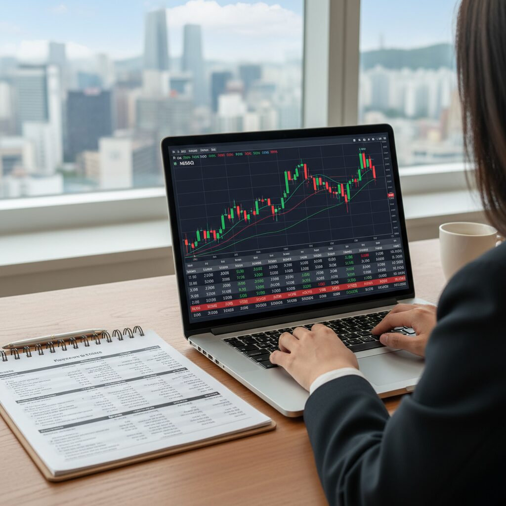 노트북 화면에 펼쳐진 주가 차트와 재무제표 문서