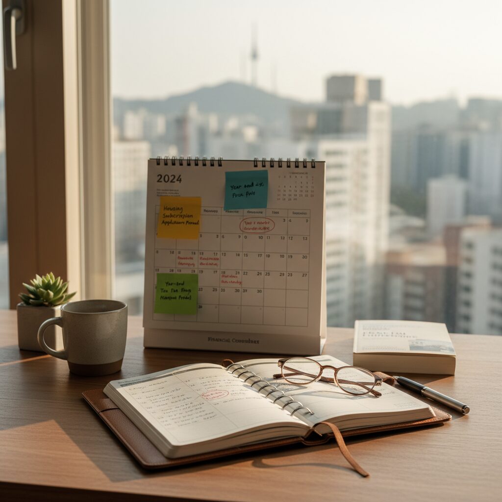 주택청약 저축과 세금 혜택을 계획하는 다이어리와 캘린더
