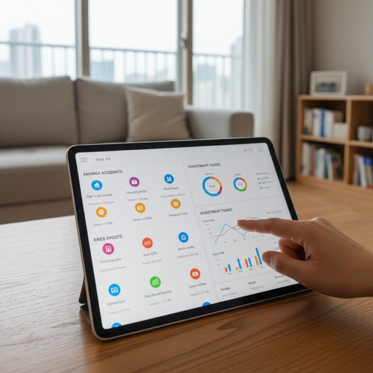 다양한 저축과 투자 상품이 표시된 태블릿 화면