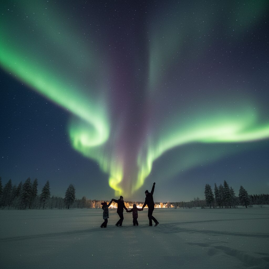 핀란드 설원 위에서 춤추는 오로라와 함께한 가족의 실루엣 사진